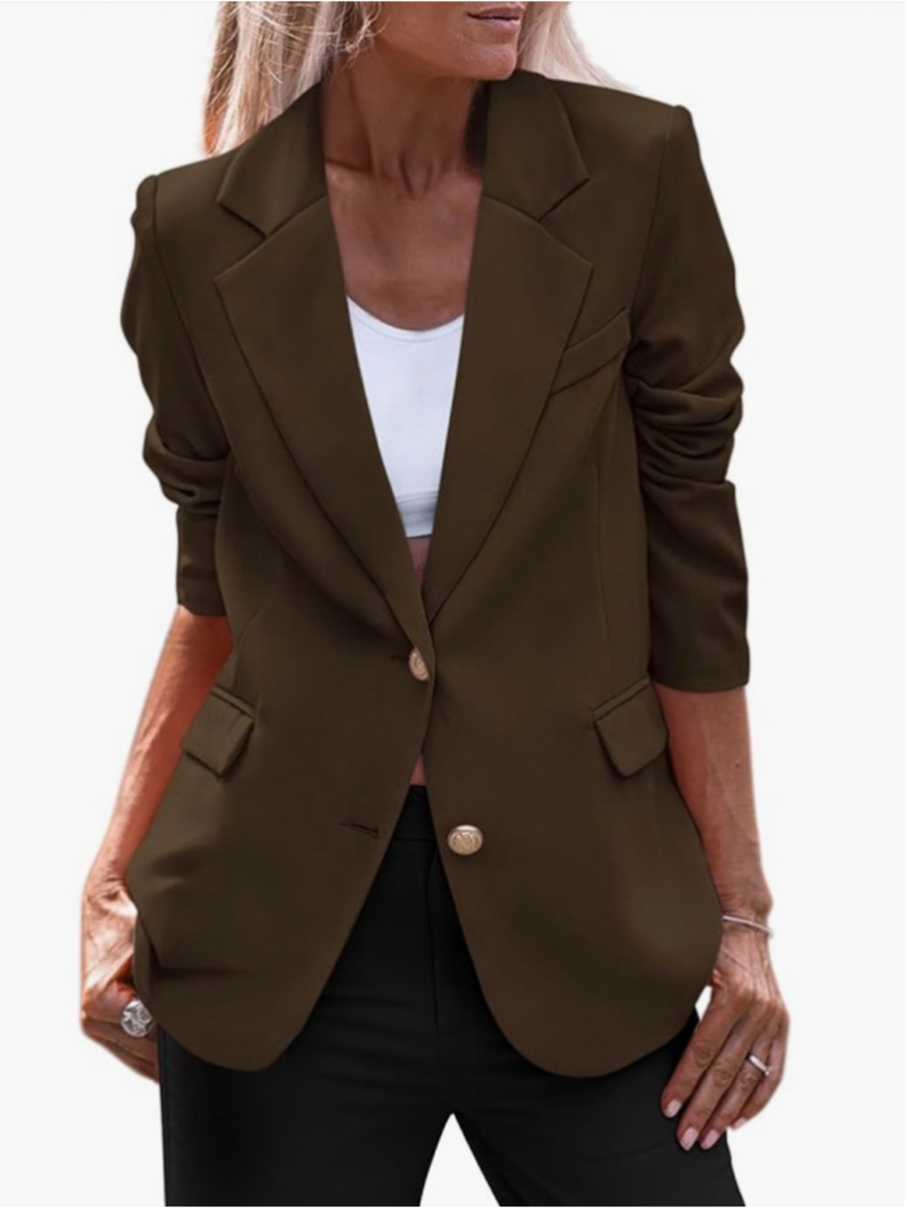 Women's Tailored Brown Single-Breasted Blazer -Office trendy work casual chic